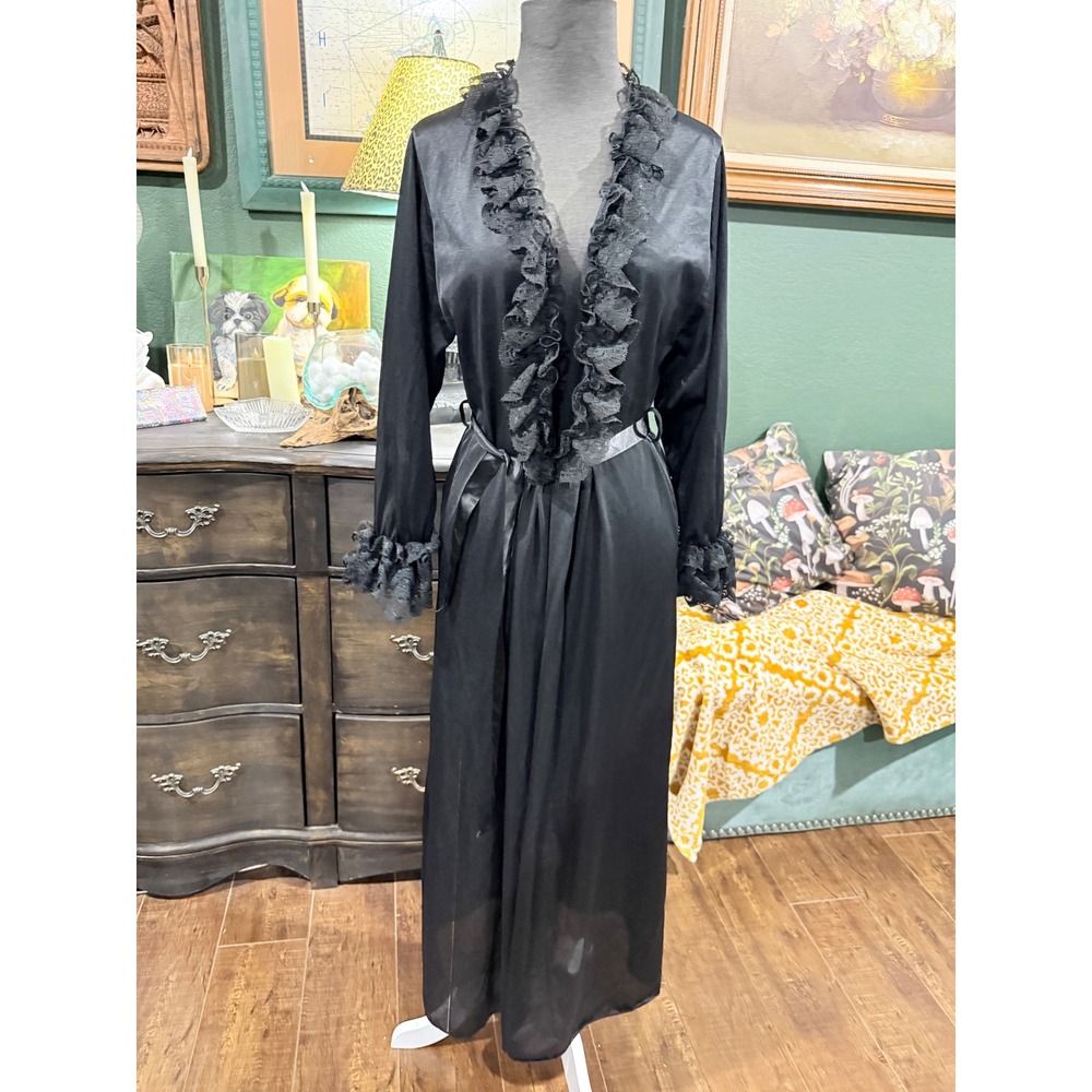 Fredericks of Hollywood Vintage Black Lace Ruffle Long Robe Lingerie Gown Large